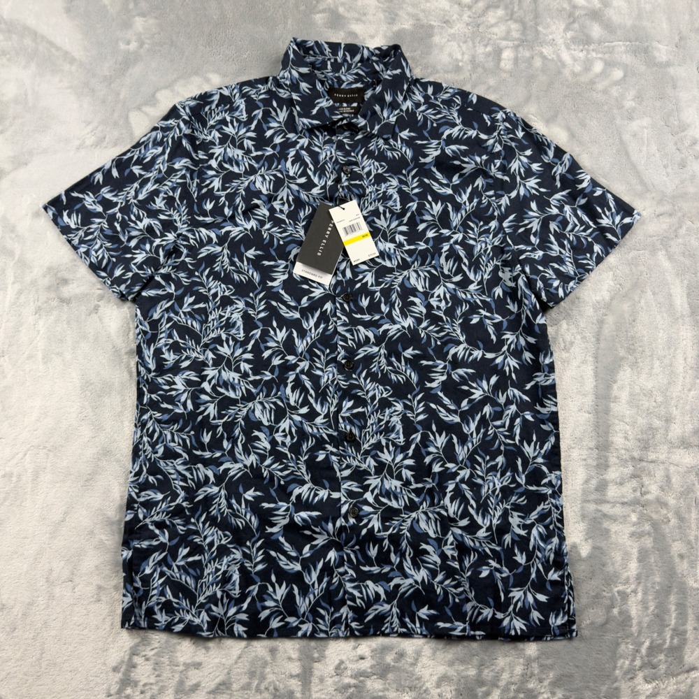 Perry Ellis Mens Dark Sapphire Leaf Print Linen Blend Button Up Shirt M NEW